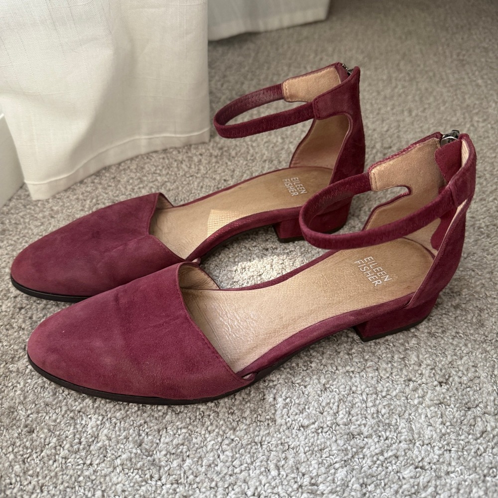 Eileen Fisher Hutton Suede Ankle Strap D'Orsay‎ Flats Women Size 7.5 Burgundy